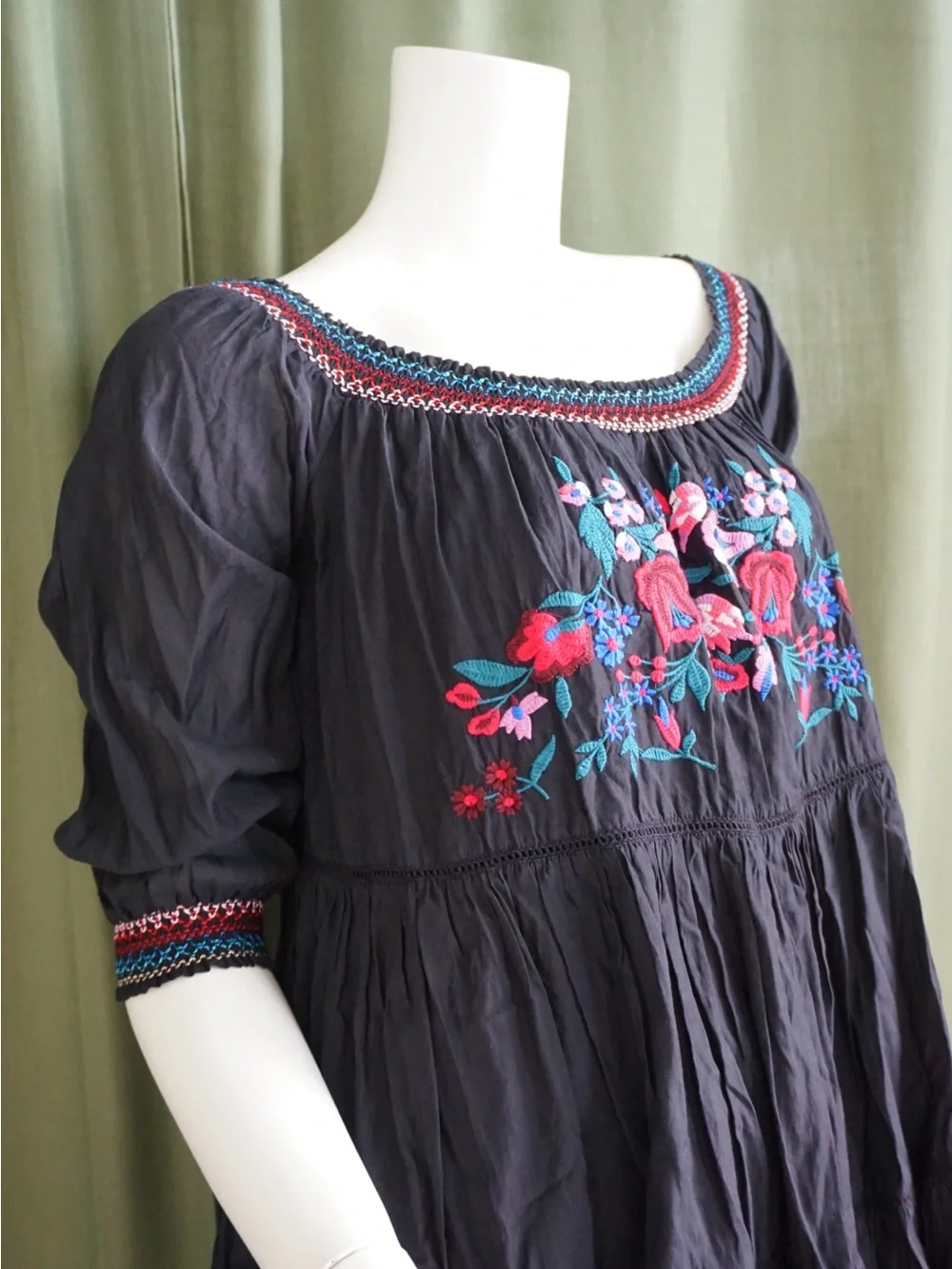 Free People Floral Embroidered Mini Shirred Black Cotton Dress - Size Medium